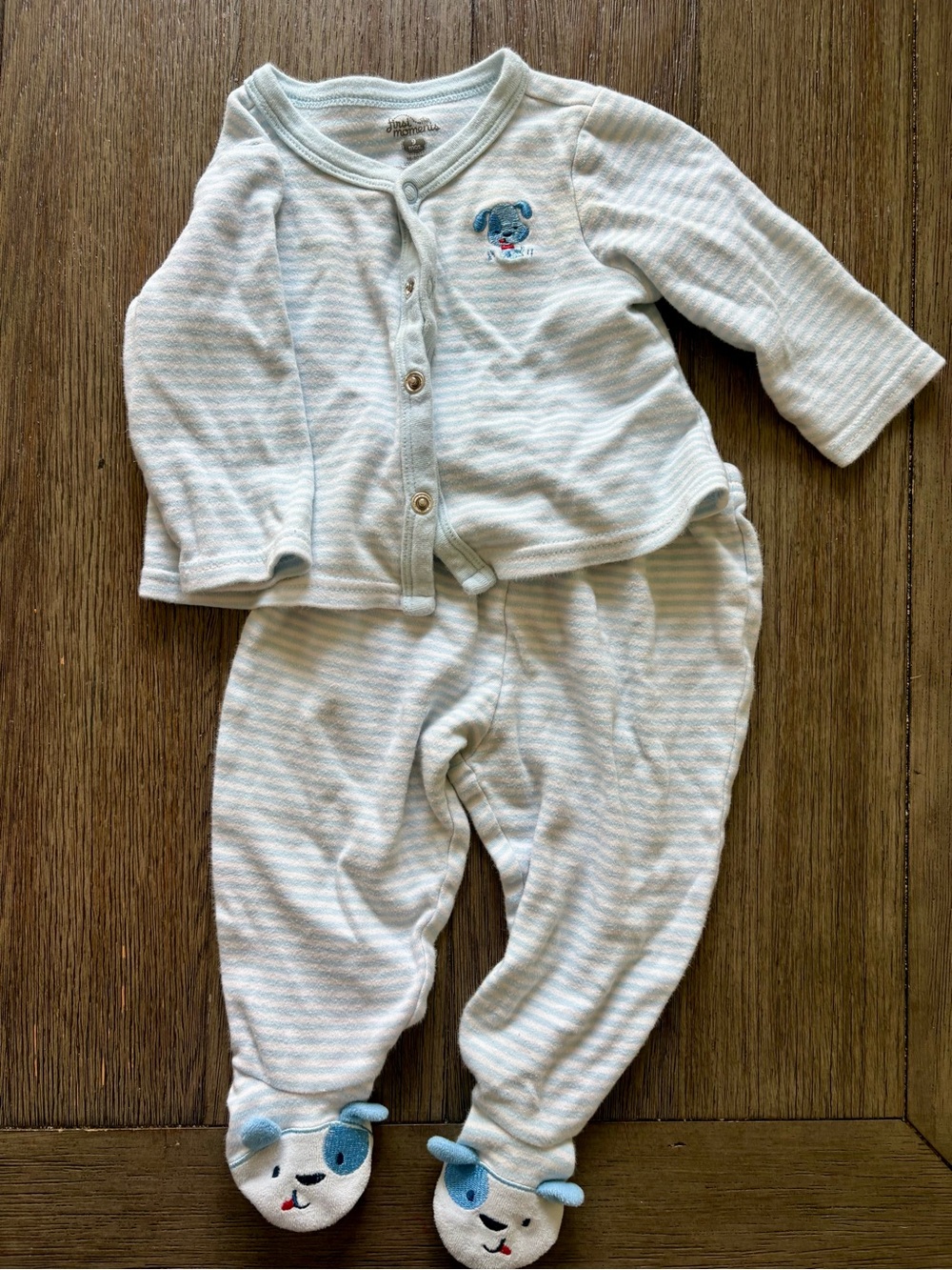 First Moments Blue and White Blue Dog Button-Up and Footie Pants Outfit - 6-9m
